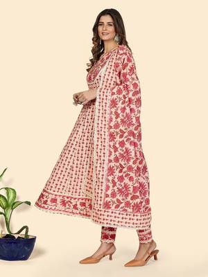 Print & Hand Work Anarkali Cotton Peach Stitched Kurta Pant With Dupatta 4