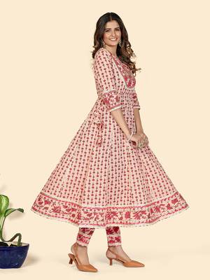 Print & Hand Work Anarkali Cotton Peach Stitched Kurta Pant With Dupatta 5