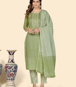 Embroidered Straight Cotton Parrot Green Stitched Kurta Pant With Dupatta