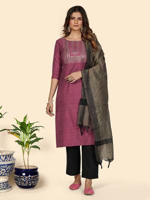 Sequience Work Straight Cotton Purple Stitched Kurta Pant With Dupatta 1