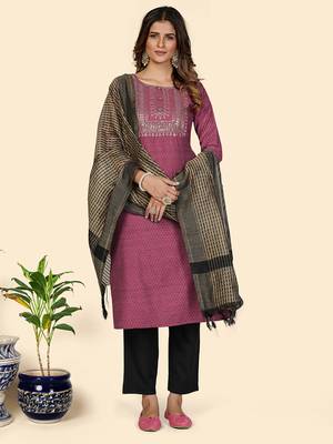 Sequience Work Straight Cotton Purple Stitched Kurta Pant With Dupatta 2