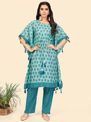 Foil Print  Muslin Turquoise Stitched Kaftan Kurta With Pant Set 1