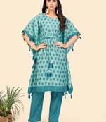 Foil Print  Muslin Turquoise Stitched Kaftan Kurta With Pant Set