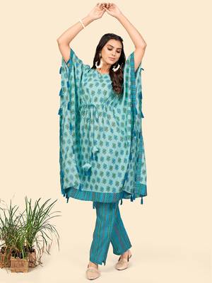 Foil Print  Muslin Turquoise Stitched Kaftan Kurta With Pant Set 2