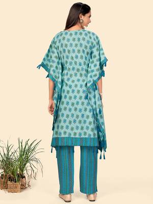 Foil Print  Muslin Turquoise Stitched Kaftan Kurta With Pant Set 3