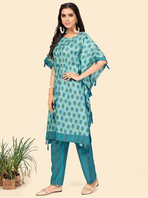 Foil Print  Muslin Turquoise Stitched Kaftan Kurta With Pant Set 4