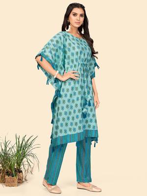 Foil Print  Muslin Turquoise Stitched Kaftan Kurta With Pant Set 5