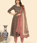 Print & Gota Patti Anarkali Cotton Coral Stitched Kurta Pant With Dupatta