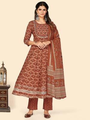 Print & Embroidered Anarkali Cotton Orange Stitched Kurta Pant With Dupatta 1