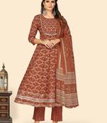 Print & Embroidered Anarkali Cotton Orange Stitched Kurta Pant With Dupatta