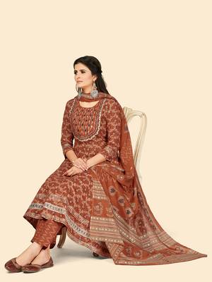 Print & Embroidered Anarkali Cotton Orange Stitched Kurta Pant With Dupatta 2