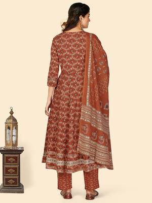 Print & Embroidered Anarkali Cotton Orange Stitched Kurta Pant With Dupatta 3
