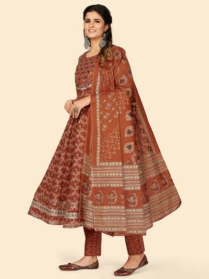 Print & Embroidered Anarkali Cotton Orange Stitched Kurta Pant With Dupatta 4