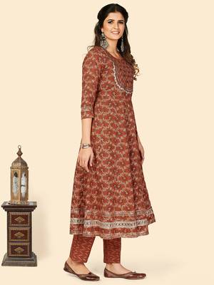 Print & Embroidered Anarkali Cotton Orange Stitched Kurta Pant With Dupatta 5