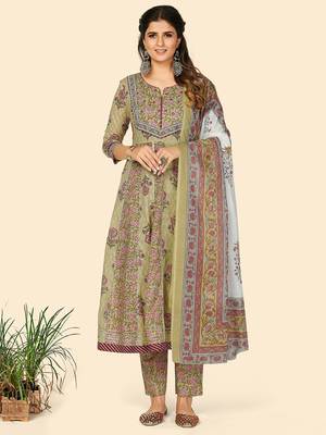 Print & Embroidered Anarkali Cotton Pista Stitched Kurta Pant With Dupatta 1
