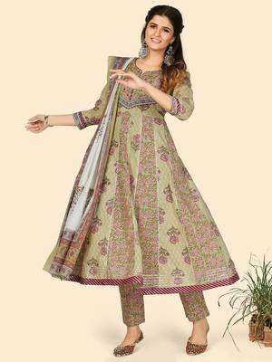Print & Embroidered Anarkali Cotton Pista Stitched Kurta Pant With Dupatta 2