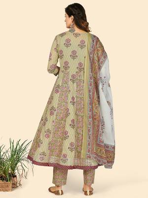 Print & Embroidered Anarkali Cotton Pista Stitched Kurta Pant With Dupatta 3