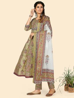 Print & Embroidered Anarkali Cotton Pista Stitched Kurta Pant With Dupatta 4