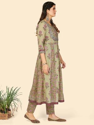 Print & Embroidered Anarkali Cotton Pista Stitched Kurta Pant With Dupatta 5