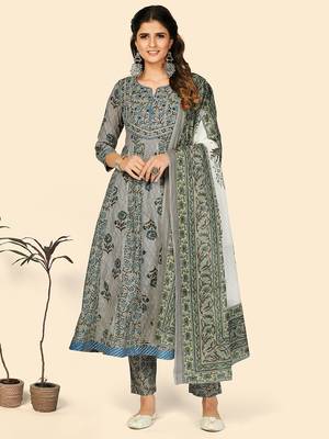 Print & Embroidered Anarkali Cotton Grey Stitched Kurta Pant With Dupatta 1