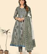 Print & Embroidered Anarkali Cotton Grey Stitched Kurta Pant With Dupatta