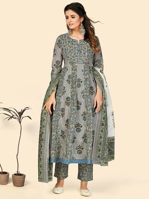 Print & Embroidered Anarkali Cotton Grey Stitched Kurta Pant With Dupatta 2