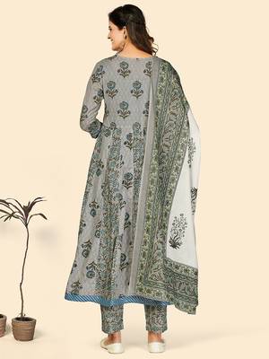 Print & Embroidered Anarkali Cotton Grey Stitched Kurta Pant With Dupatta 3