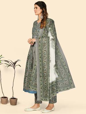 Print & Embroidered Anarkali Cotton Grey Stitched Kurta Pant With Dupatta 4