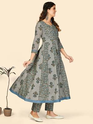 Print & Embroidered Anarkali Cotton Grey Stitched Kurta Pant With Dupatta 5