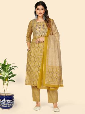 Embroidered & Sequience Work Straight Cotton Yellow Stitched Kurta Pant With Dupatta 1