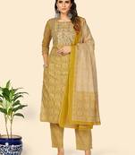 Embroidered & Sequience Work Straight Cotton Yellow Stitched Kurta Pant With Dupatta