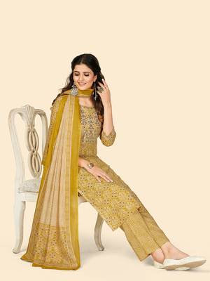 Embroidered & Sequience Work Straight Cotton Yellow Stitched Kurta Pant With Dupatta 2