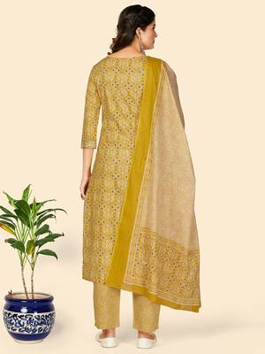 Embroidered & Sequience Work Straight Cotton Yellow Stitched Kurta Pant With Dupatta 3