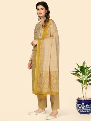 Embroidered & Sequience Work Straight Cotton Yellow Stitched Kurta Pant With Dupatta 4