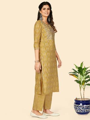 Embroidered & Sequience Work Straight Cotton Yellow Stitched Kurta Pant With Dupatta 5