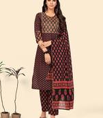Print & Sequience Straight Cotton Black Stitched Kurta Pant With Dupatta