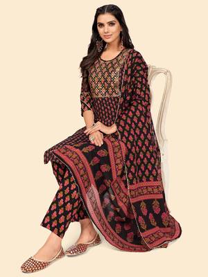 Print & Sequience Straight Cotton Black Stitched Kurta Pant With Dupatta 2