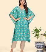 Print & Sequience Kaftan Muslin Turquoise Stitched Kaftan Kurta With Pant Set