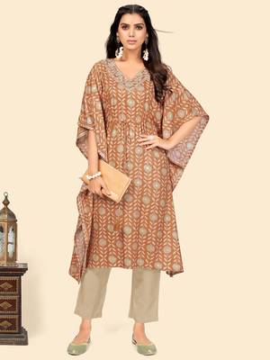 Print & Sequience Kaftan Muslin Brown Stitched Kaftan Kurta With Pant Set 1