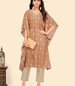 Print & Sequience Kaftan Muslin Brown Stitched Kaftan Kurta With Pant Set