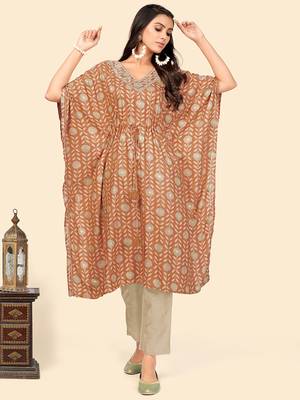 Print & Sequience Kaftan Muslin Brown Stitched Kaftan Kurta With Pant Set 2