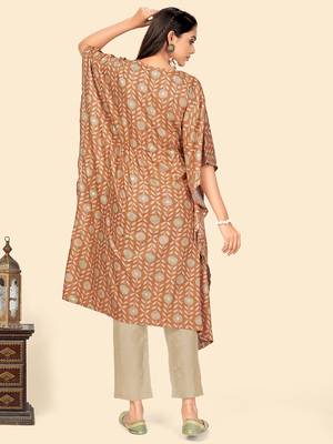 Print & Sequience Kaftan Muslin Brown Stitched Kaftan Kurta With Pant Set 3
