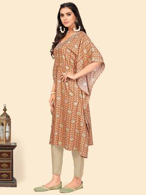 Print & Sequience Kaftan Muslin Brown Stitched Kaftan Kurta With Pant Set 4