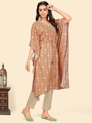 Print & Sequience Kaftan Muslin Brown Stitched Kaftan Kurta With Pant Set 5
