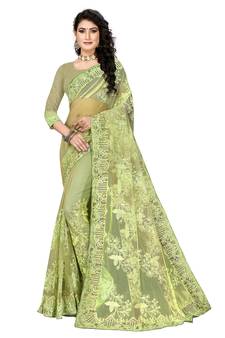 Light Green Embroidered Net Saree With Blouse
