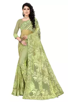 Light Green Embroidered Net Saree With Blouse