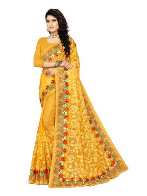 Yellow Embroidered Net Saree With Blouse 1