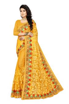 Yellow Embroidered Net Saree With Blouse