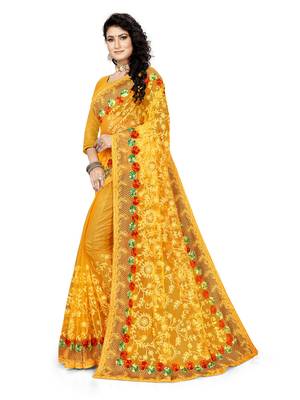 Yellow Embroidered Net Saree With Blouse 2