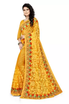 Yellow Embroidered Net Saree With Blouse